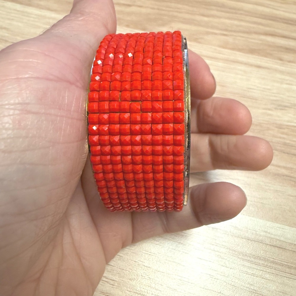 Red Beaded Cuff Bracelet Gold Tone Wide‎ Statement Bangle Faceted Square Beads